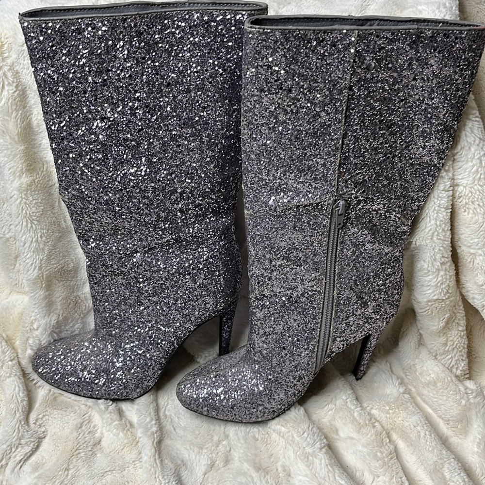 JustFabulous heeled, silver glitter boots. Size 6.5. Zip on sides